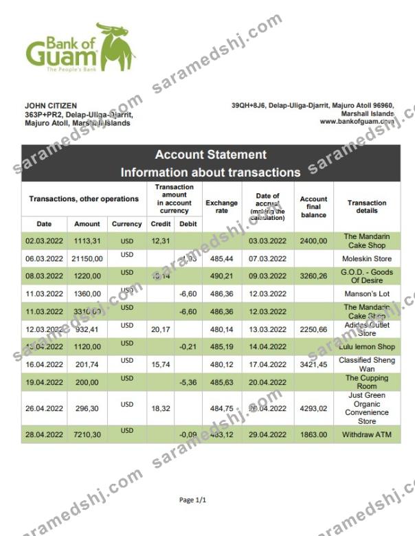 Marshall Islands Bank of Guam bank statement